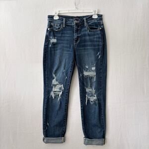 Judy Blue Jeans Womens 5/27 Cropped Boyfriend Distressed Rolled Cuff Stretchy
